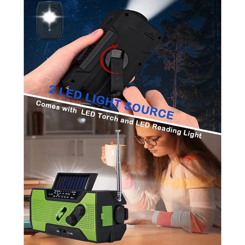 Rádio de Emergência com Bateria de 2000mAh — Rádio Portátil, Power Bank, Carregamento USB/Solar/Manivela, Alimentação por Bateria e Alarme SOS