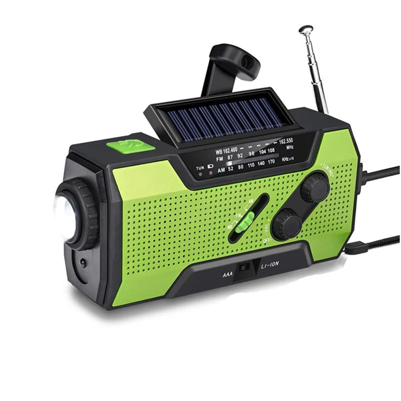 Rádio de Emergência com Bateria de 2000mAh — Rádio Portátil, Power Bank, Carregamento USB/Solar/Manivela, Alimentação por Bateria e Alarme SOS