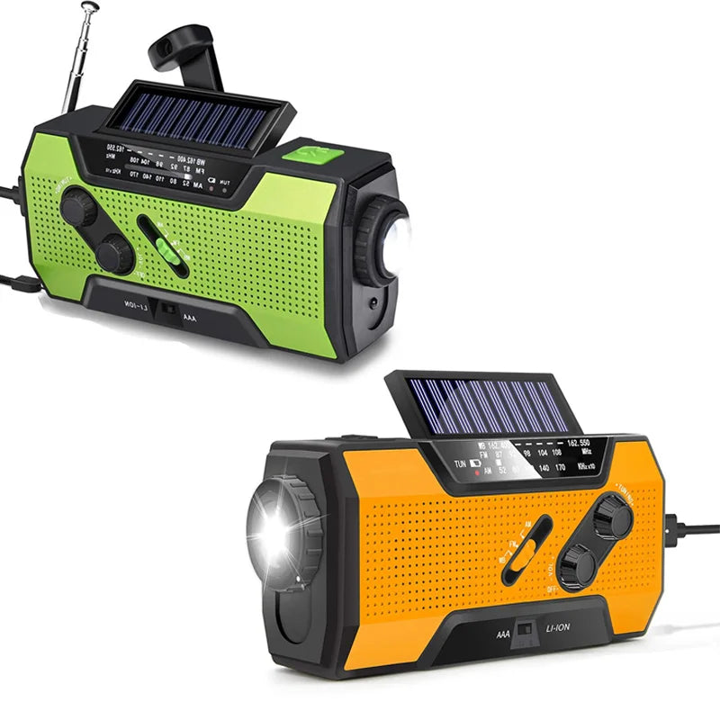 Rádio de Emergência com Bateria de 2000mAh — Rádio Portátil, Power Bank, Carregamento USB/Solar/Manivela, Alimentação por Bateria e Alarme SOS