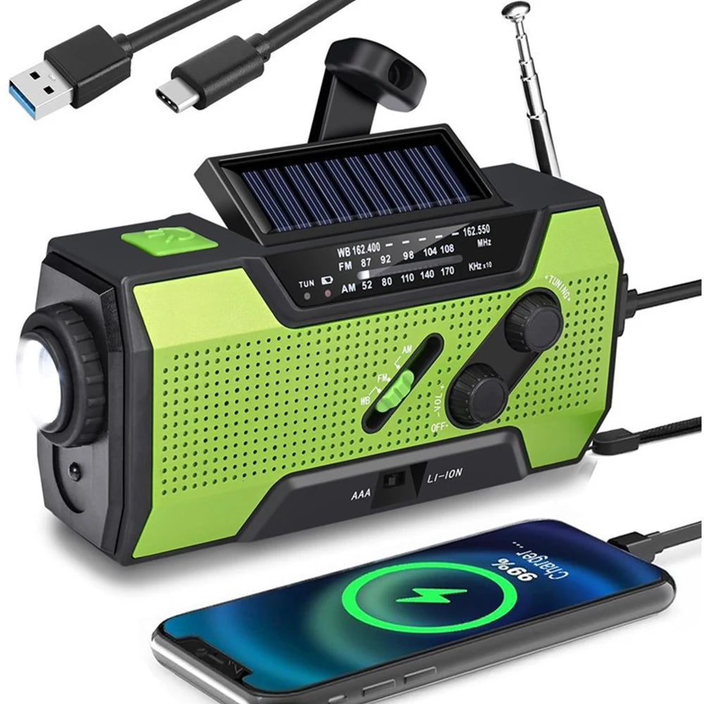 Rádio de Emergência com Bateria de 2000mAh — Rádio Portátil, Power Bank, Carregamento USB/Solar/Manivela, Alimentação por Bateria e Alarme SOS