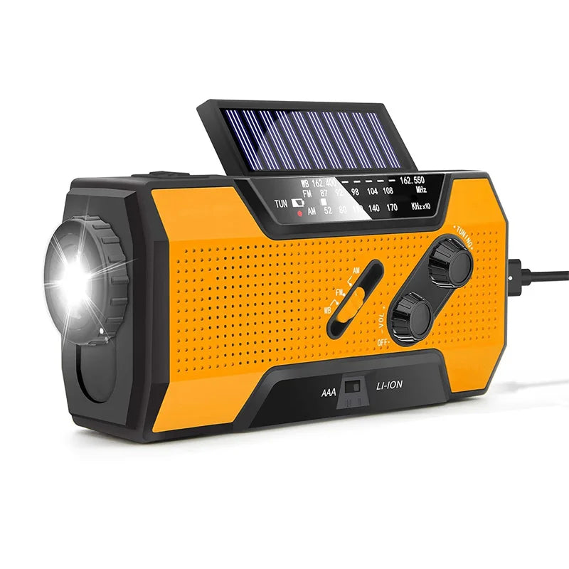 Rádio de Emergência com Bateria de 2000mAh — Rádio Portátil, Power Bank, Carregamento USB/Solar/Manivela, Alimentação por Bateria e Alarme SOS