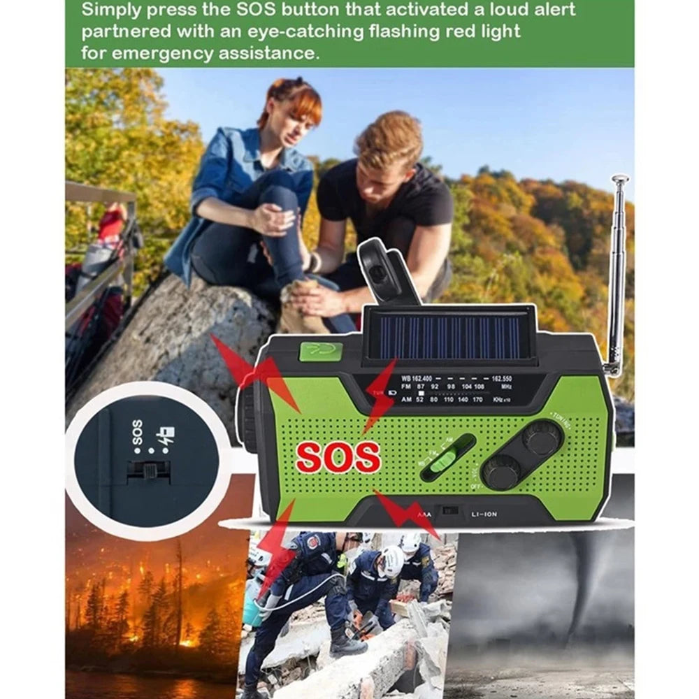 Rádio de Emergência com Bateria de 2000mAh — Rádio Portátil, Power Bank, Carregamento USB/Solar/Manivela, Alimentação por Bateria e Alarme SOS