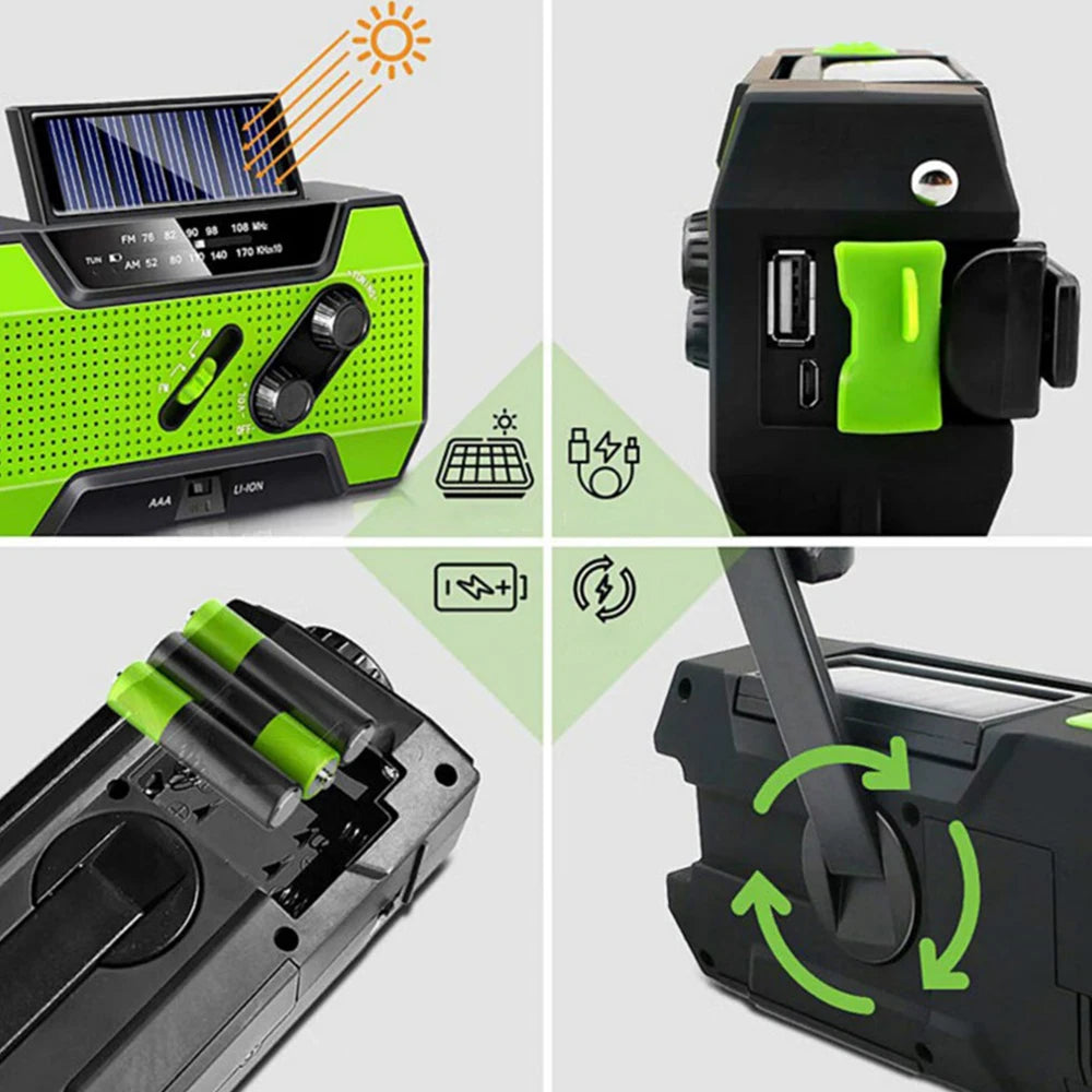 Rádio de Emergência com Bateria de 2000mAh — Rádio Portátil, Power Bank, Carregamento USB/Solar/Manivela, Alimentação por Bateria e Alarme SOS