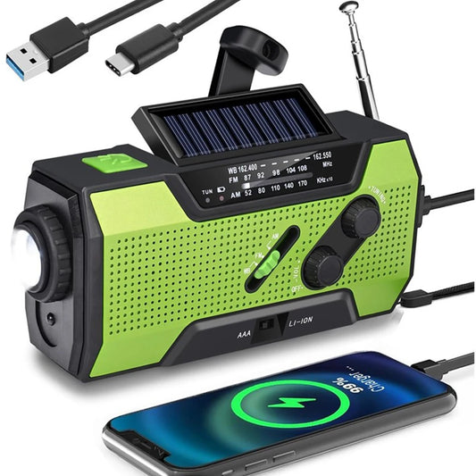 Rádio  de Emergência com Bateria de 2000mAh — Rádio Portátil, Power Bank, Carregamento USB/Solar/Manivela, Alimentação por Bateria e Alarme SOS